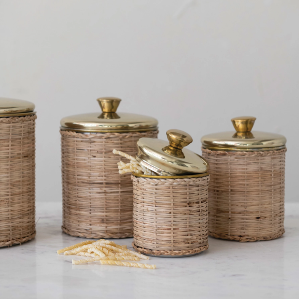Rattan Wrapped Stainless Steel Canisters