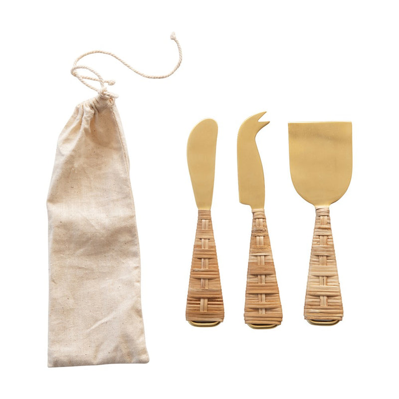 Rattan and Gold Cheese Knifes